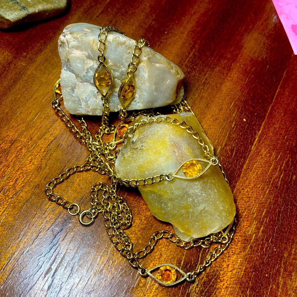 Long 53” Gold Colour Amber Stones Evil Eye Necklace